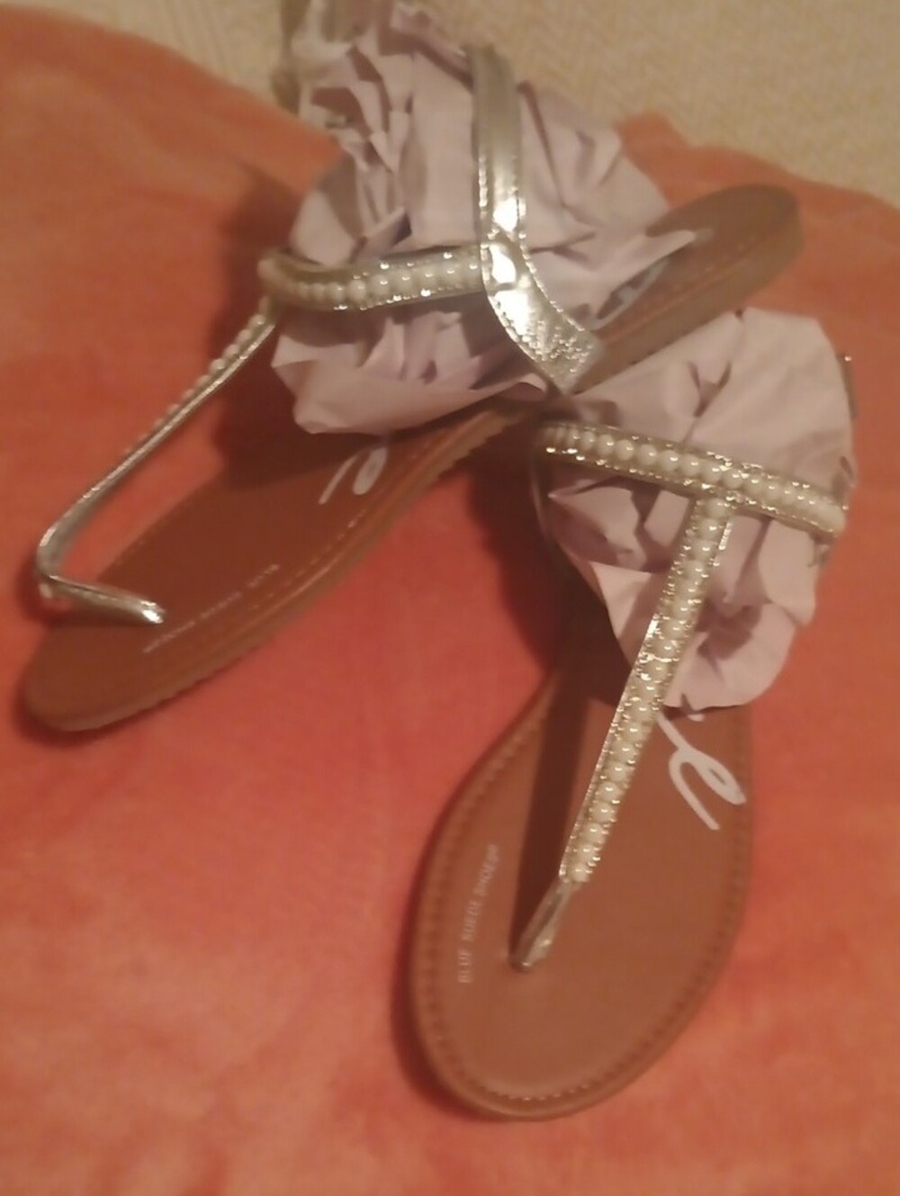 Pearl-Trim T-Strap Sandals - White & Tan - Picture 3 of 3